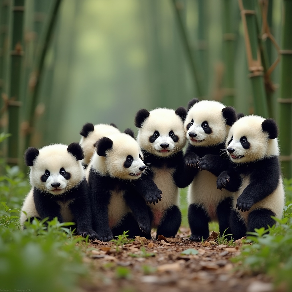 Group of Cute Baby Pandas in Bamboo Forest Group of Cute Baby Pandas in Bamboo Forest