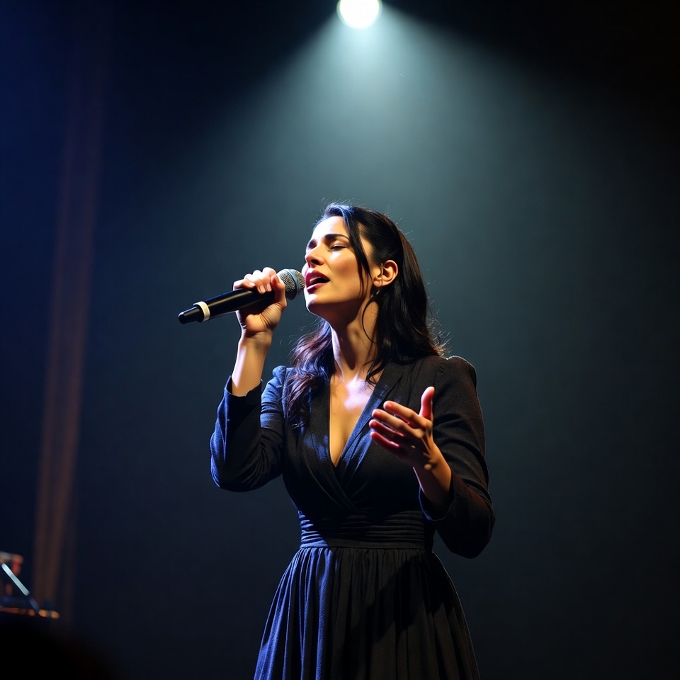 Woman singing on stage with spotlight Woman singing on stage with spotlight