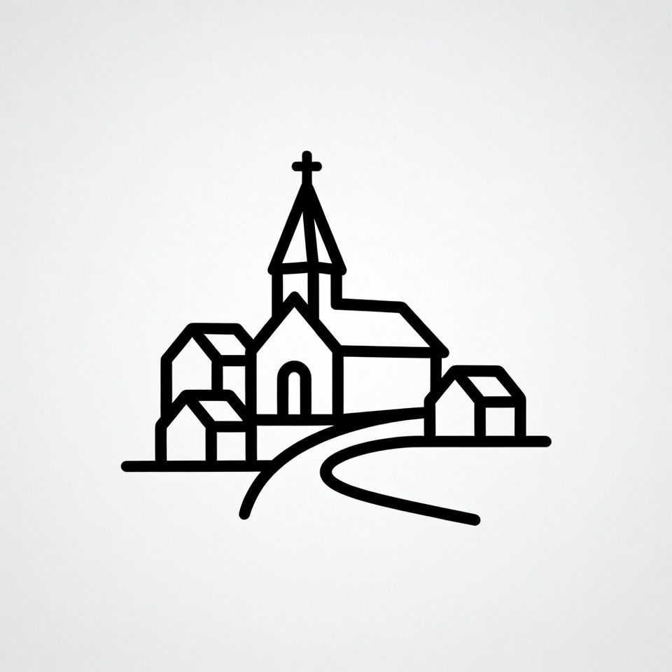 Line art village with church Line art village with church