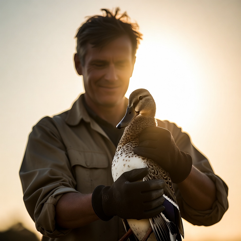 Man holding duckling at sunset Man holding duckling at sunset