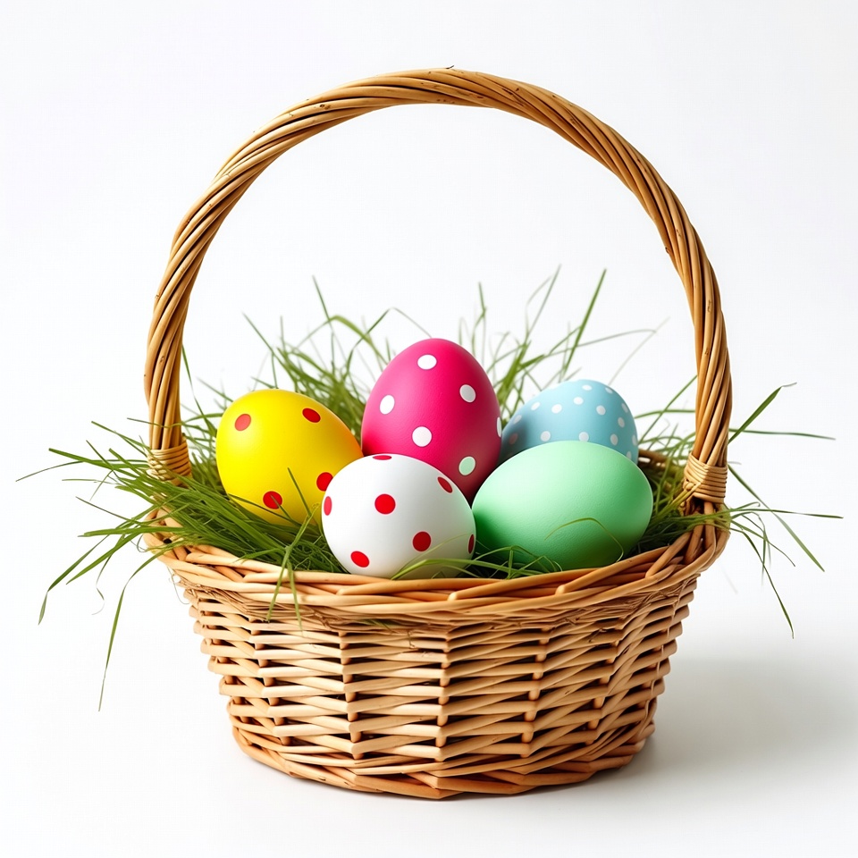 Colorful Easter eggs in wicker basket Colorful Easter eggs in wicker basket
