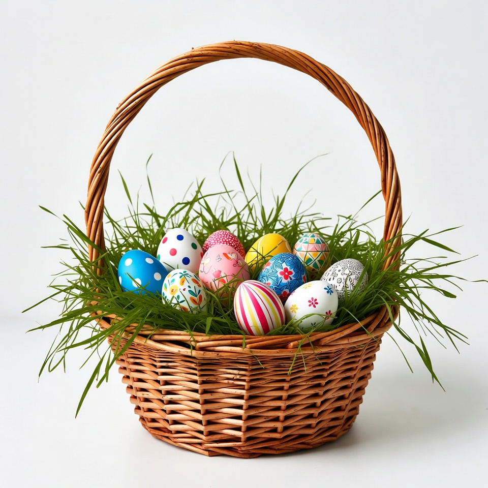 Wicker basket filled with colorful Easter eggs Wicker basket filled with colorful Easter eggs