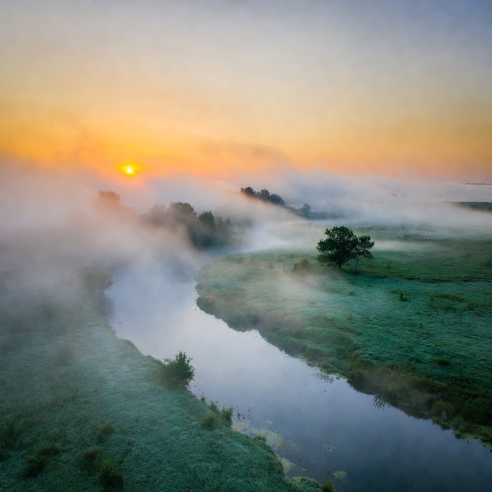 Sunrise over misty river landscape Sunrise over misty river landscape