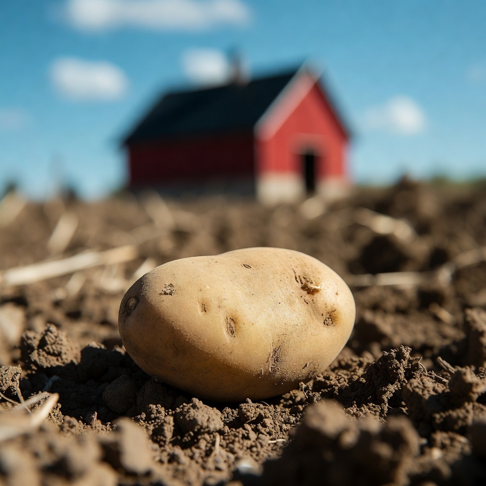 Potato in front of red barn Potato in front of red barn