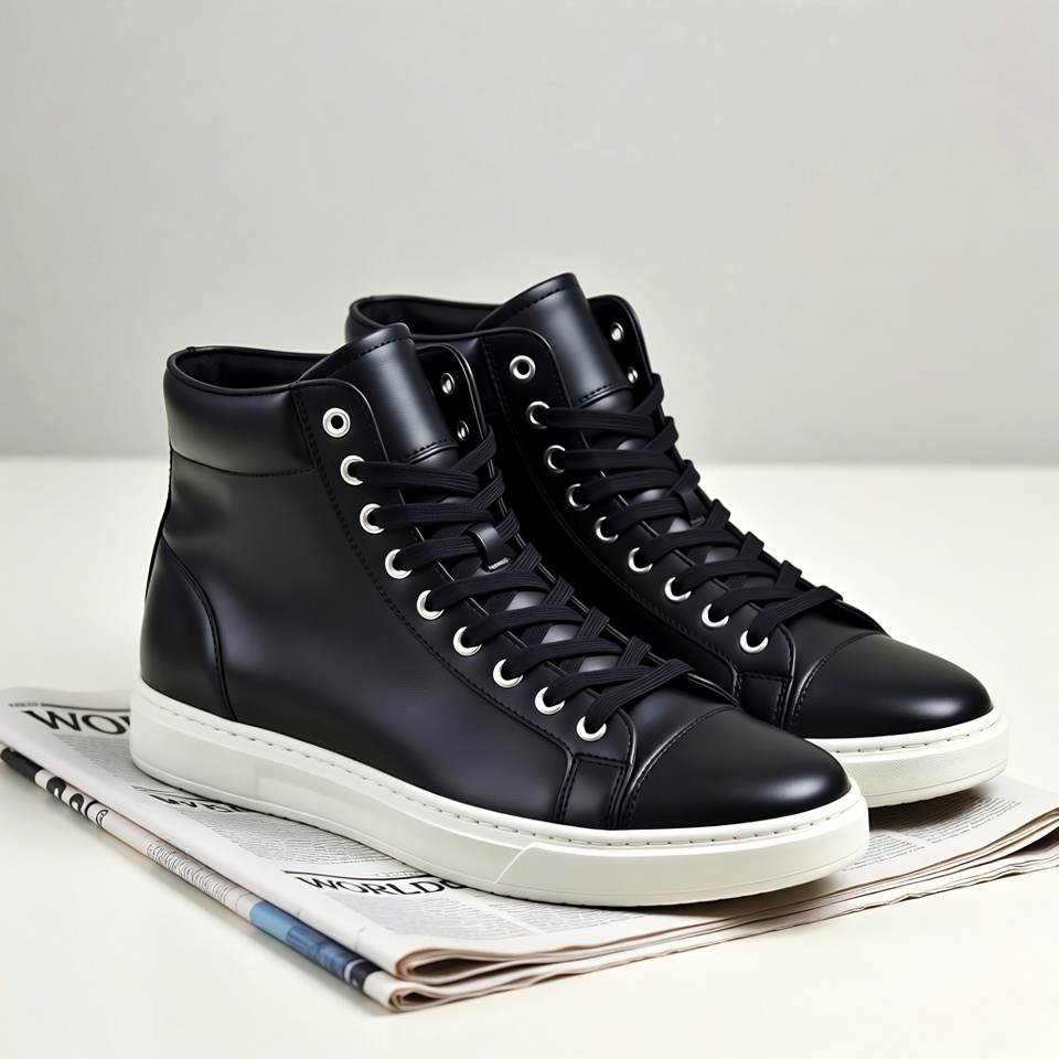 Black High-Top Sneakers on Newspaper Black High-Top Sneakers on Newspaper