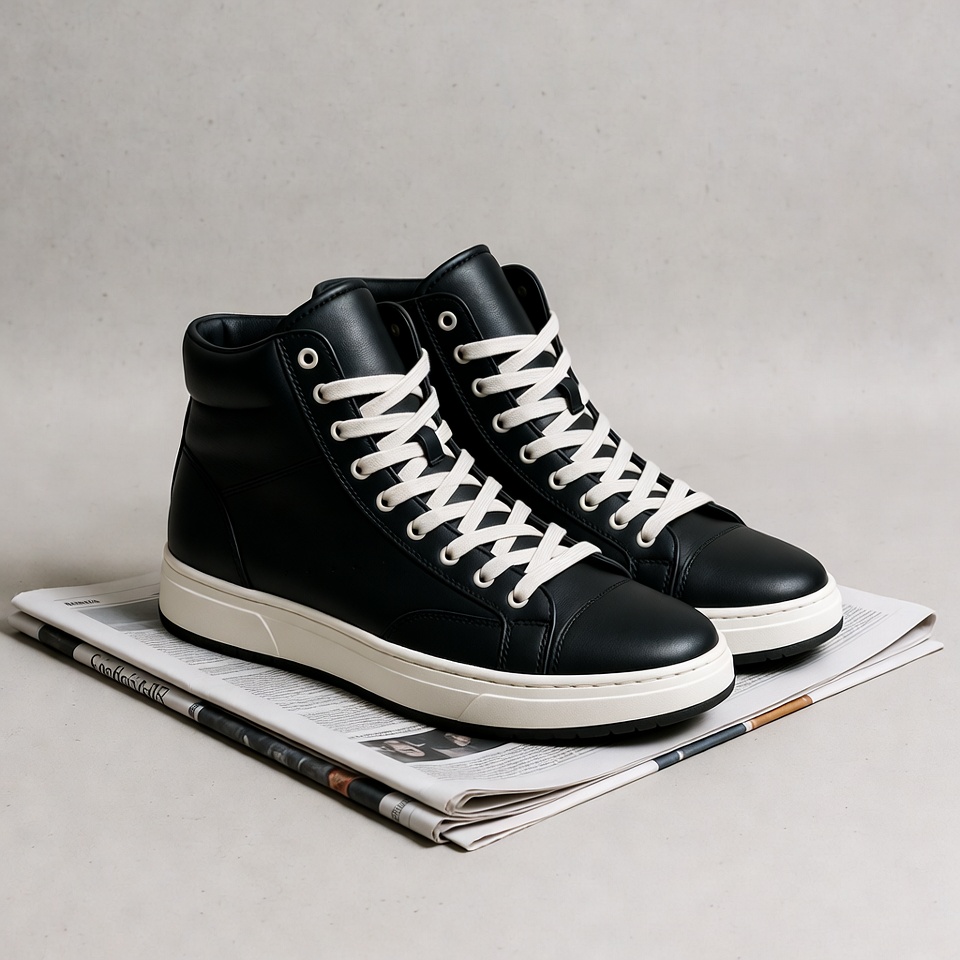 Black high-top sneakers on newspaper Black high-top sneakers on newspaper