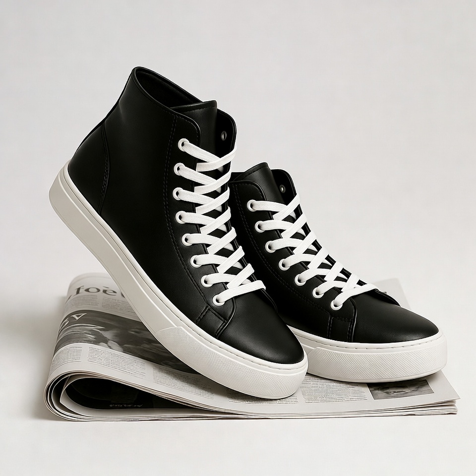 Black leather high-top sneakers on newspaper Black leather high-top sneakers on newspaper