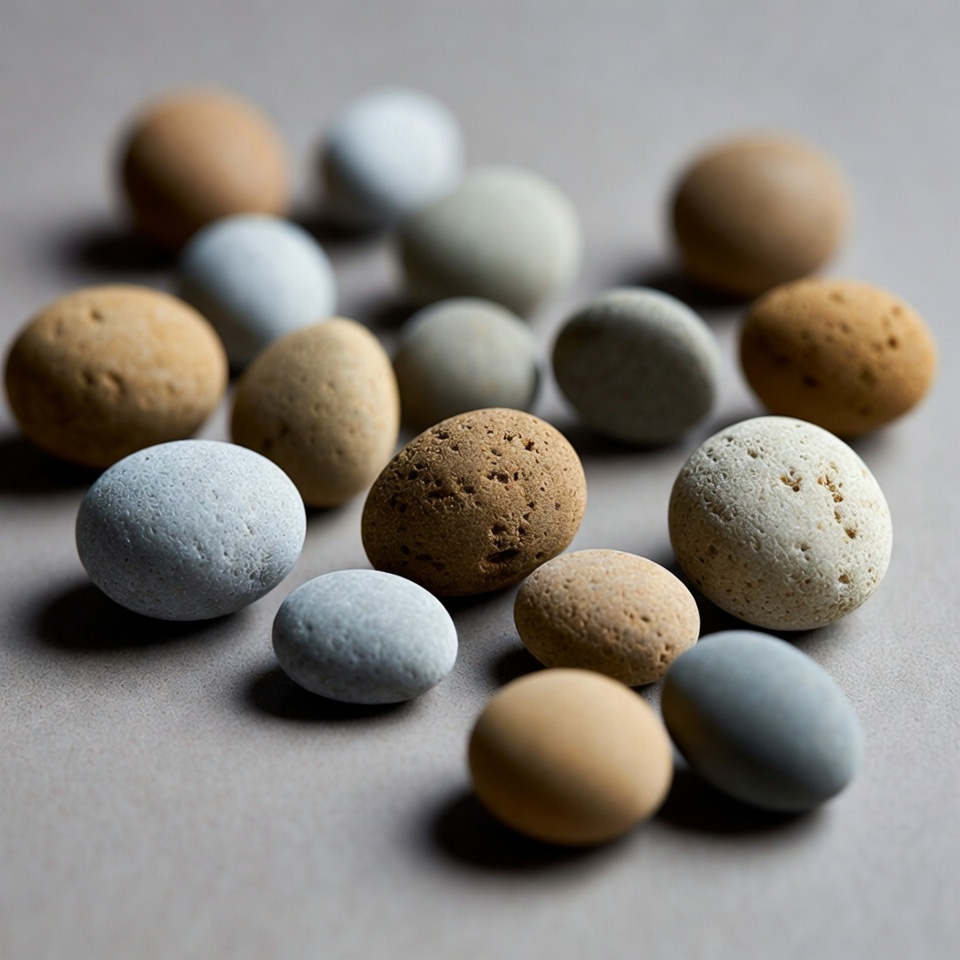 Assortment of textured pebbles on gray background Assortment of textured pebbles on gray background