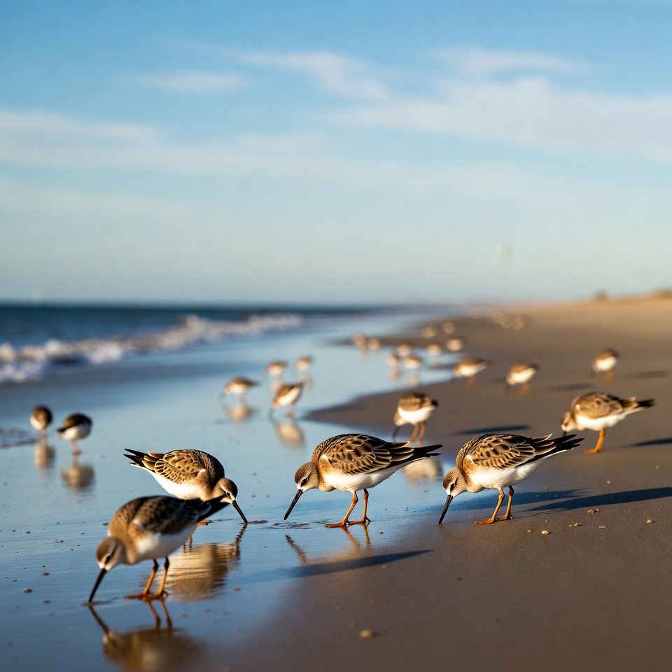 Flock of Sanderlings Foraging on Beach Flock of Sanderlings Foraging on Beach