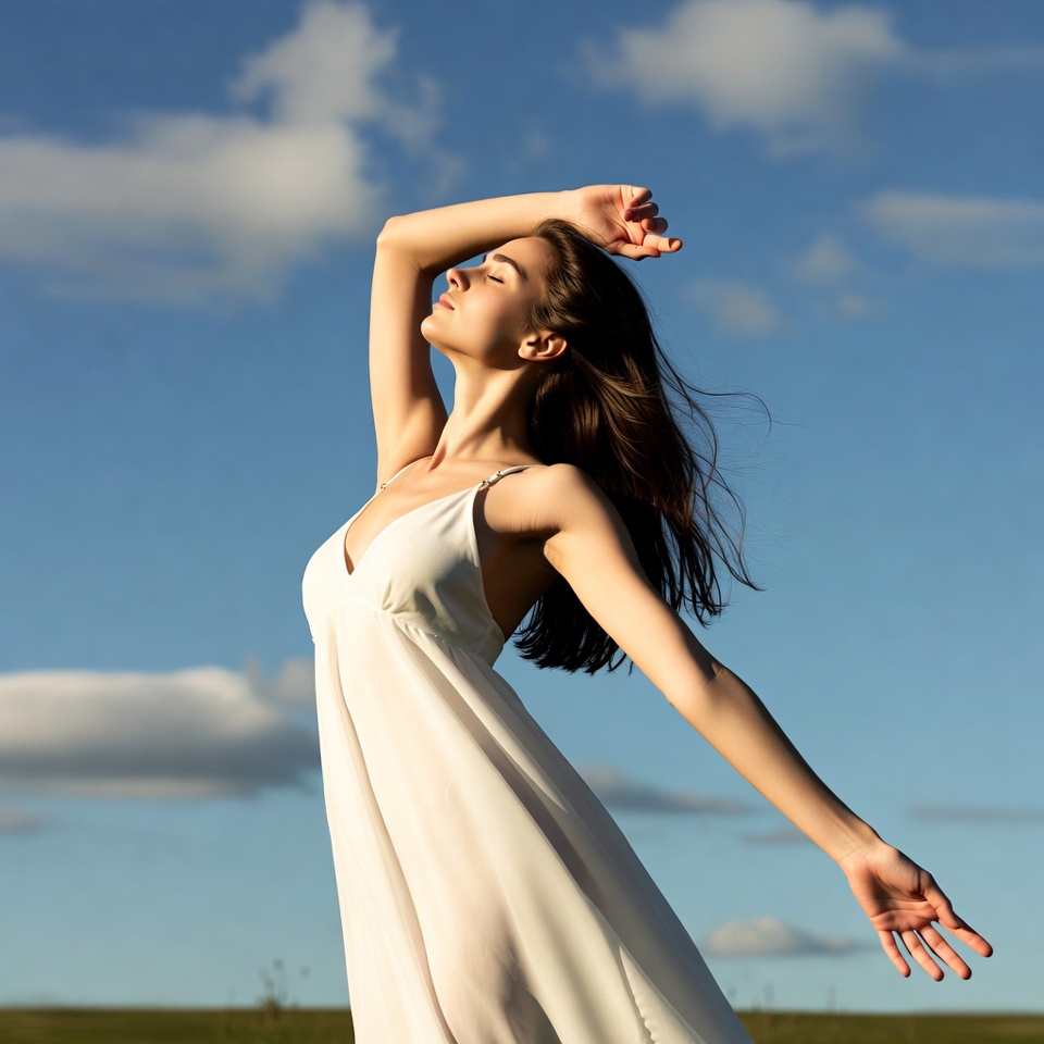 Woman in white dress arms raised sky Woman in white dress arms raised sky