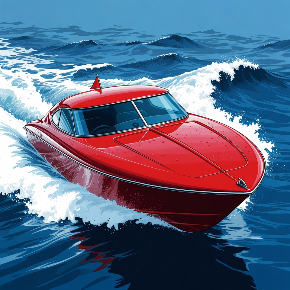 Red speedboat racing ocean waves Red speedboat racing ocean waves