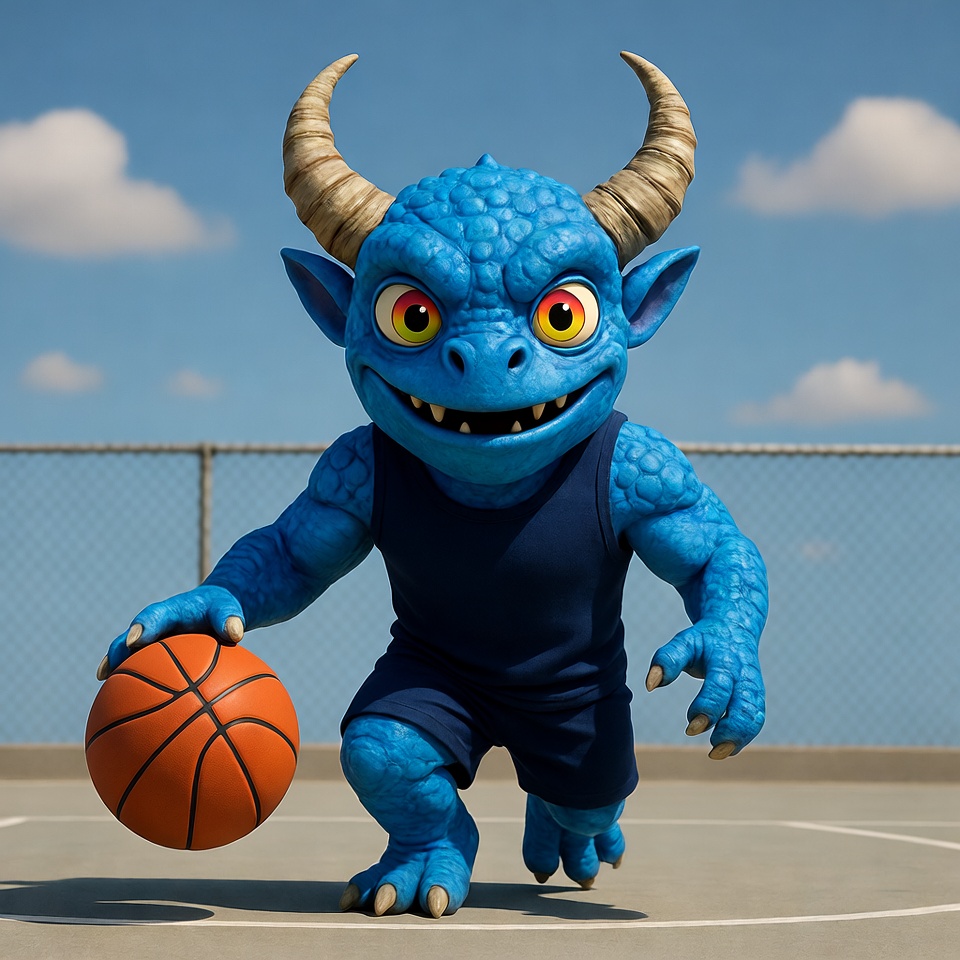 Blue horned goblin dribbling basketball Blue horned goblin dribbling basketball