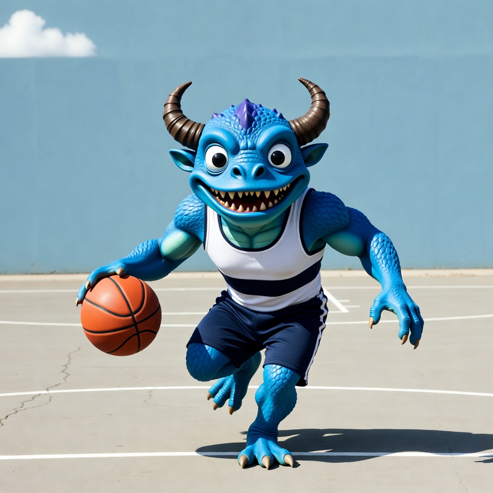 Blue dragon mascot dribbling basketball Blue dragon mascot dribbling basketball