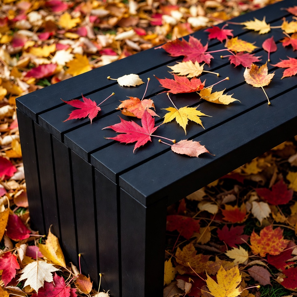 Black bench covered in autumn leaves Black bench covered in autumn leaves