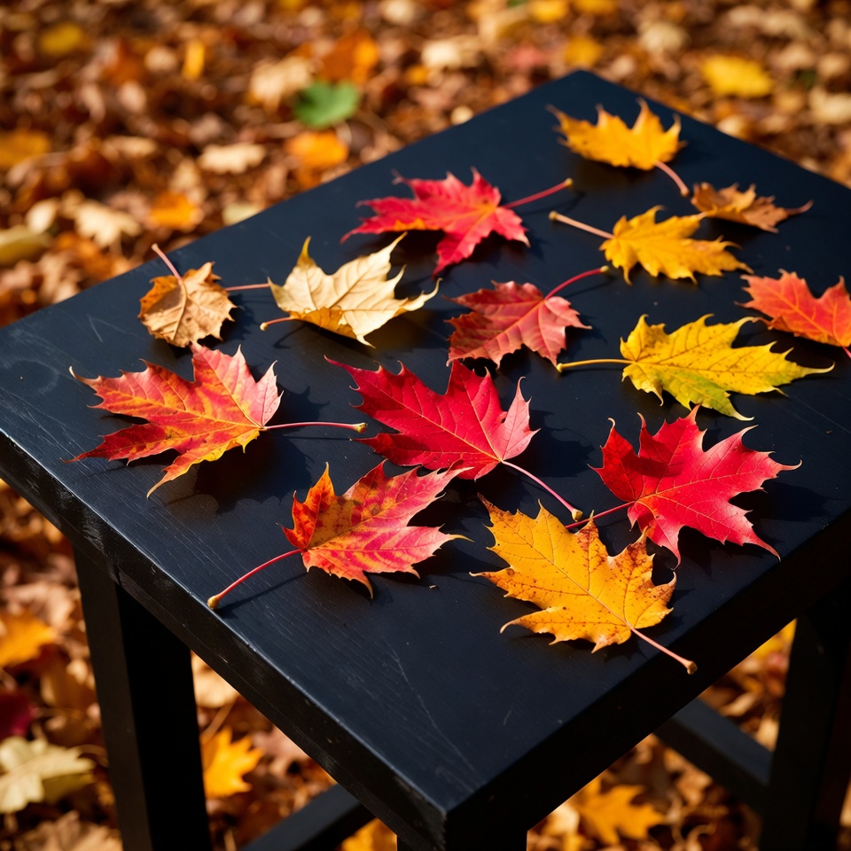 Autumn leaves on black stool Autumn leaves on black stool