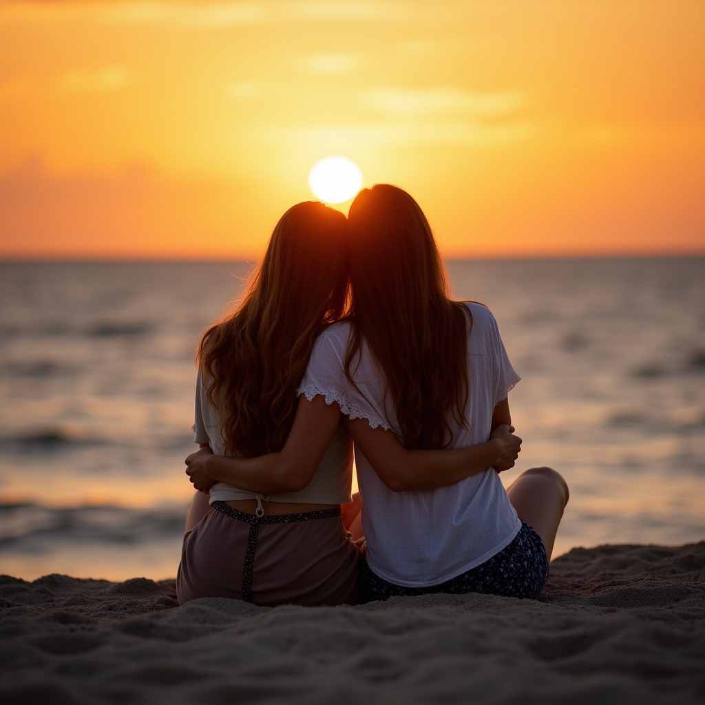 Two women hugging at sunset beach Two women hugging at sunset beach