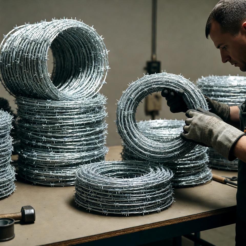 Man handling barbed wire coils Man handling barbed wire coils