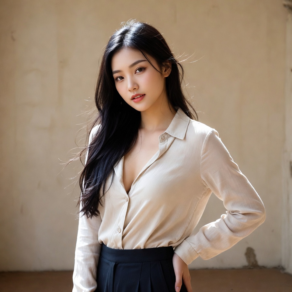 Asian woman in beige blouse and skirt Asian woman in beige blouse and skirt
