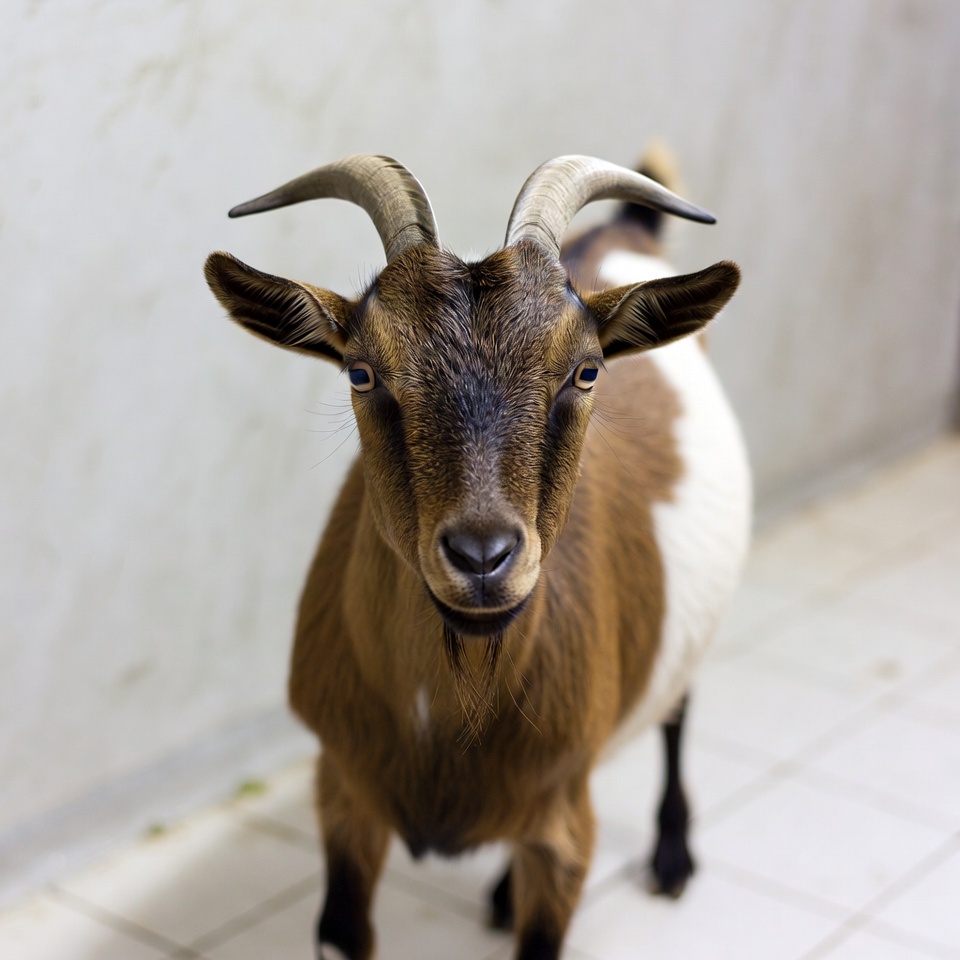 Brown and white goat facing camera Brown and white goat facing camera