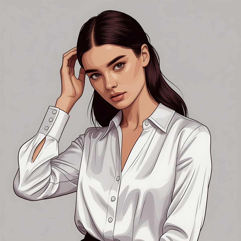 Woman touching hair in white shirt Woman touching hair in white shirt