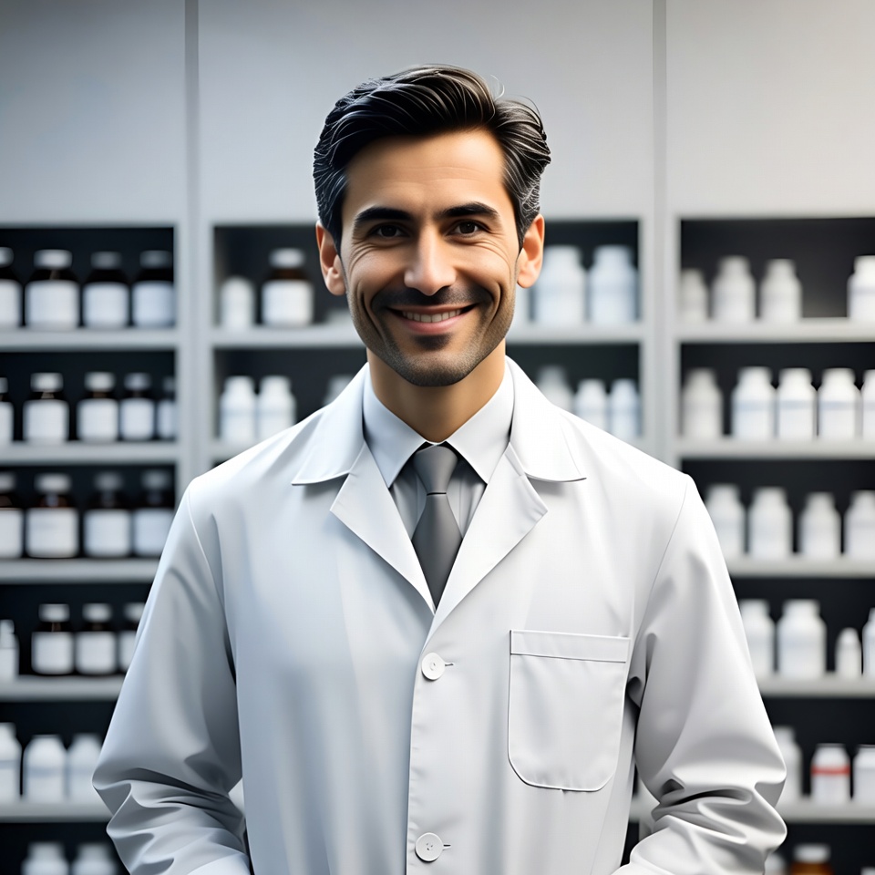 Smiling male pharmacist in lab coat Smiling male pharmacist in lab coat