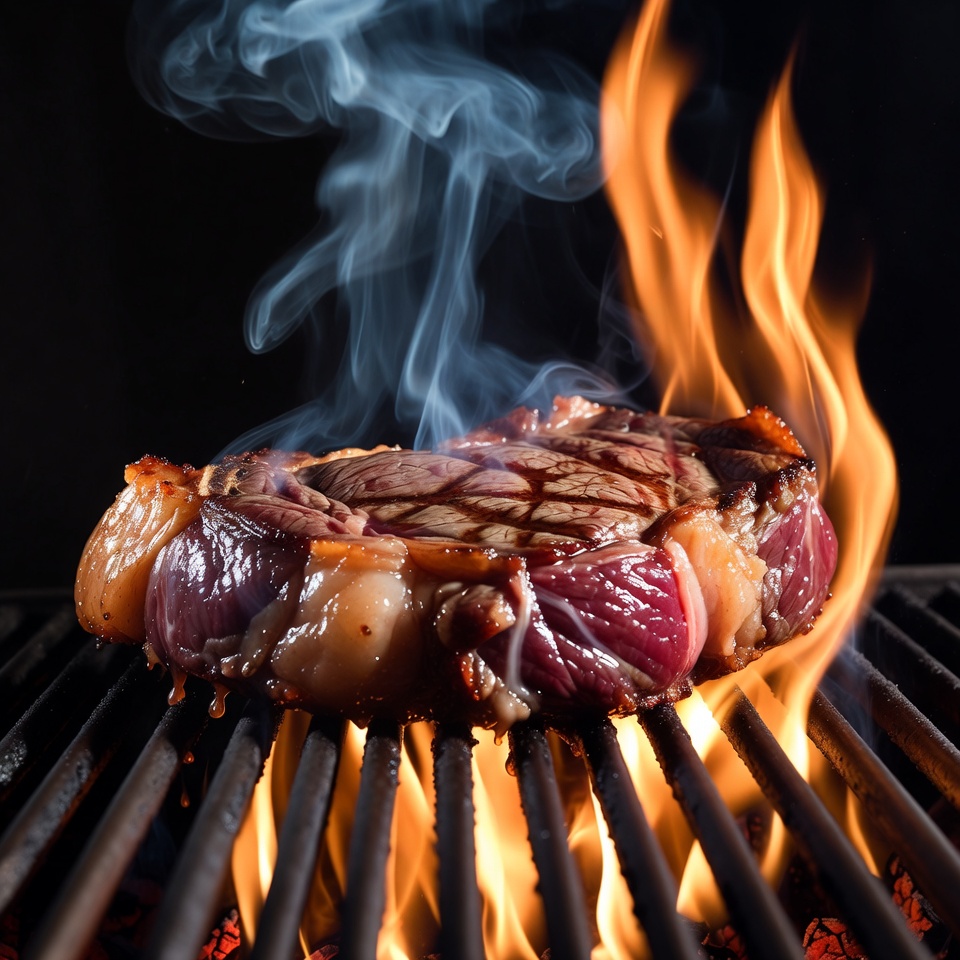 Grilled Ribeye Steak with Onions on Flames Grilled Ribeye Steak with Onions on Flames