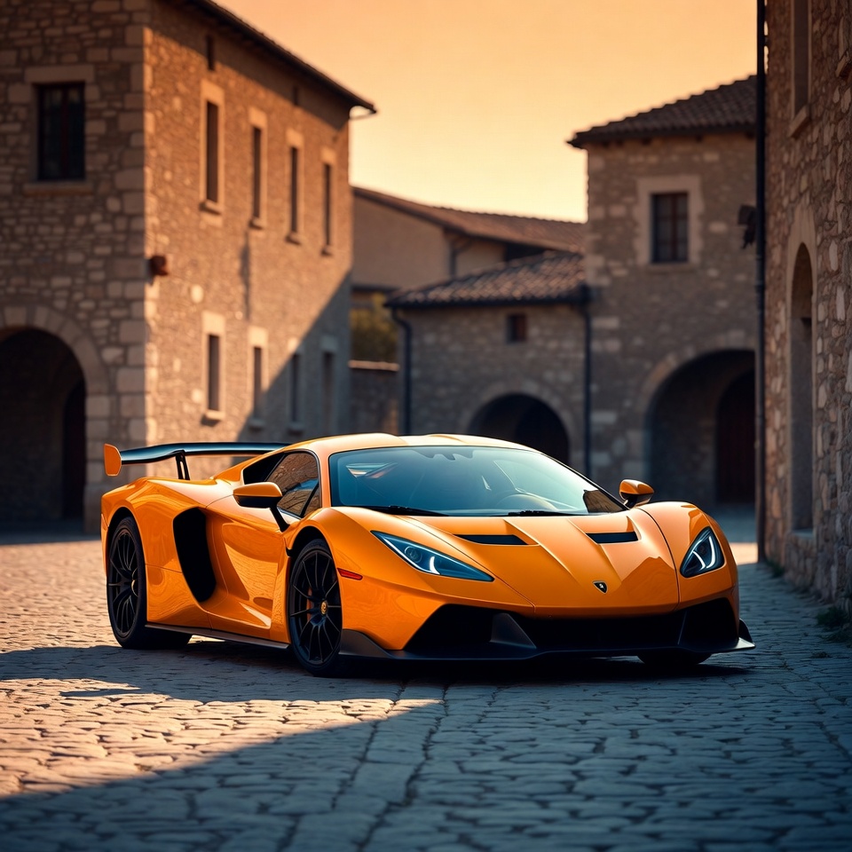 Orange Lamborghini parked in Italian village Orange Lamborghini parked in Italian village