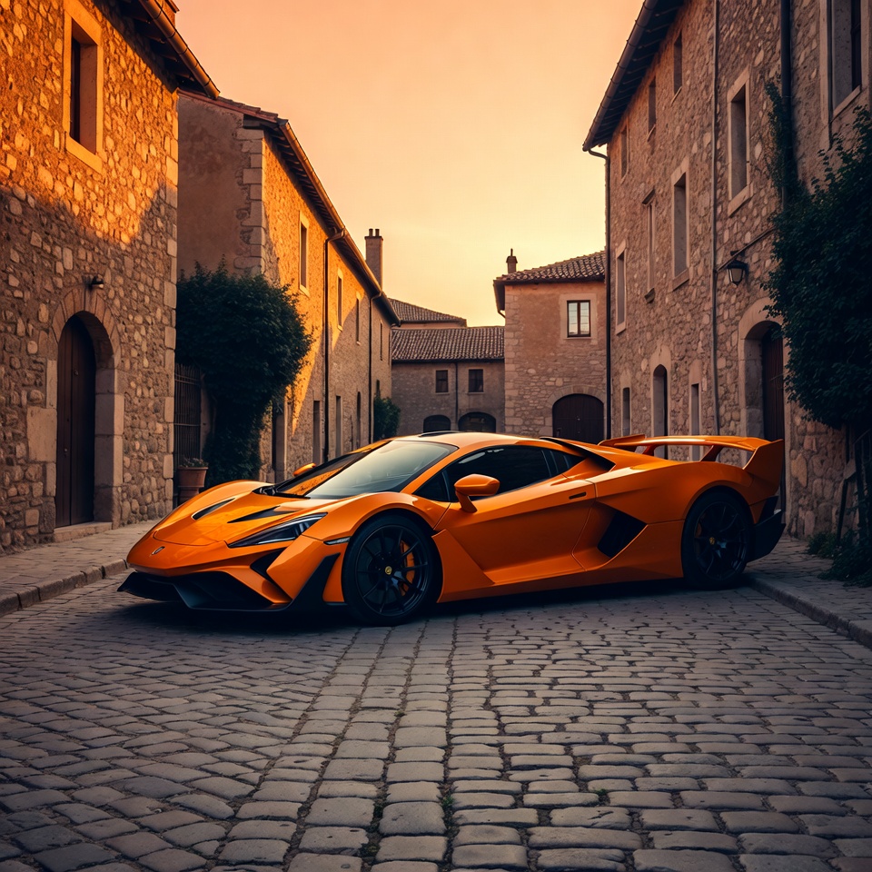 Orange Lotus Evija Supercar in Stone Village Orange Lotus Evija Supercar in Stone Village