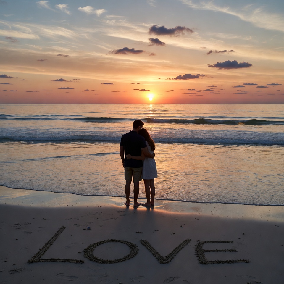 Couple embracing on beach at sunset Couple embracing on beach at sunset