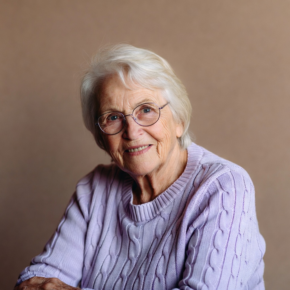 Elderly woman smiling in purple sweater Elderly woman smiling in purple sweater