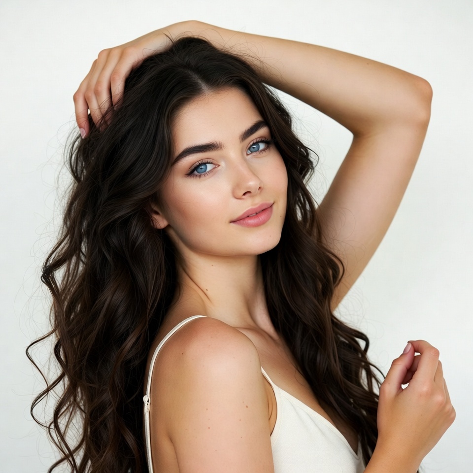 Woman touching long dark hair Woman touching long dark hair