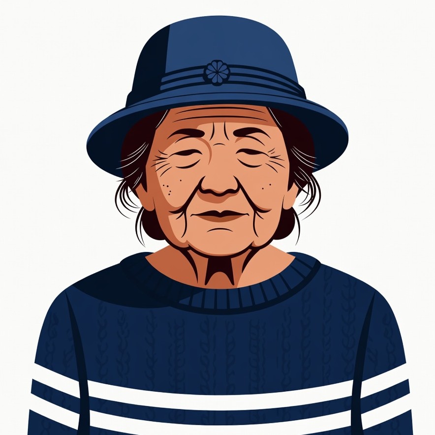Elderly Asian woman in blue hat Elderly Asian woman in blue hat