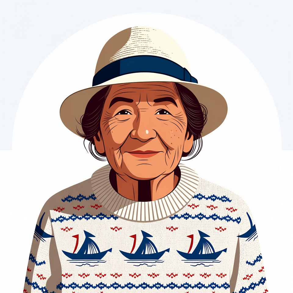 Elderly woman in sailboat sweater Elderly woman in sailboat sweater