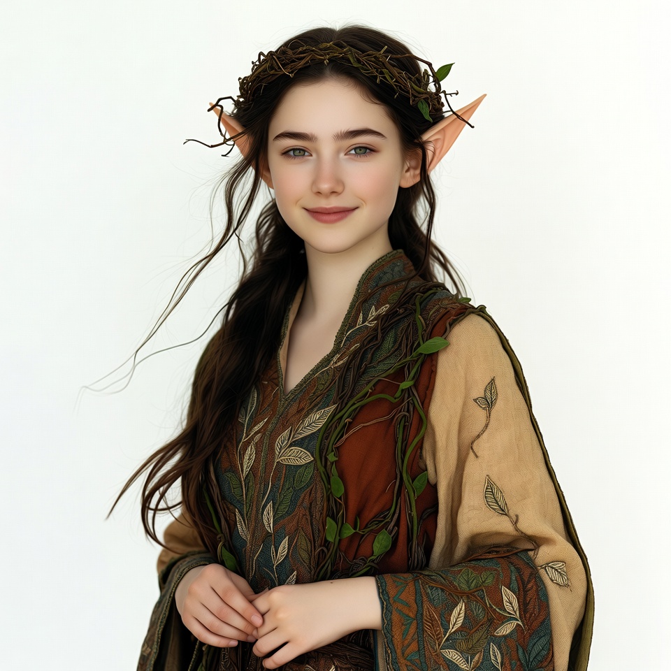 Woman in elf costume with leaf crown Woman in elf costume with leaf crown