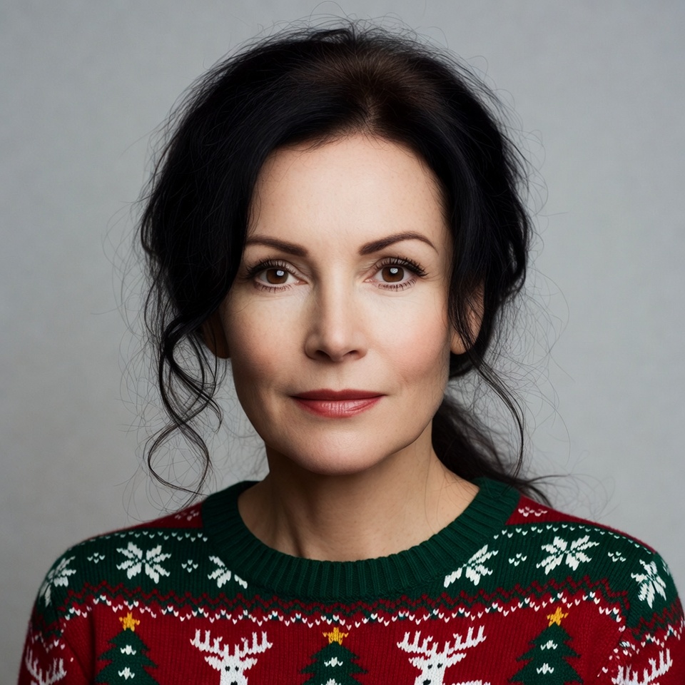 Woman in red Christmas reindeer sweater Woman in red Christmas reindeer sweater