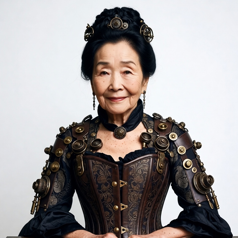 Elderly Asian woman in steampunk corset Elderly Asian woman in steampunk corset