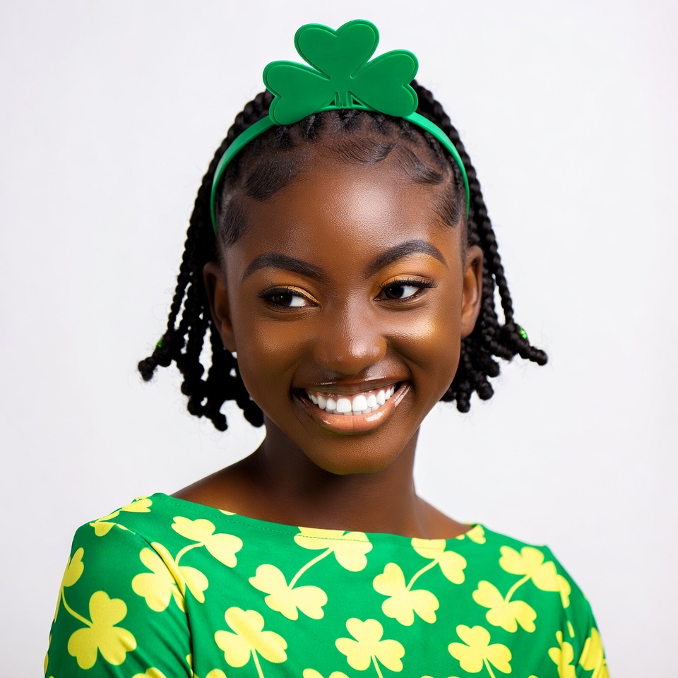 Black girl smiling with shamrock headband Black girl smiling with shamrock headband