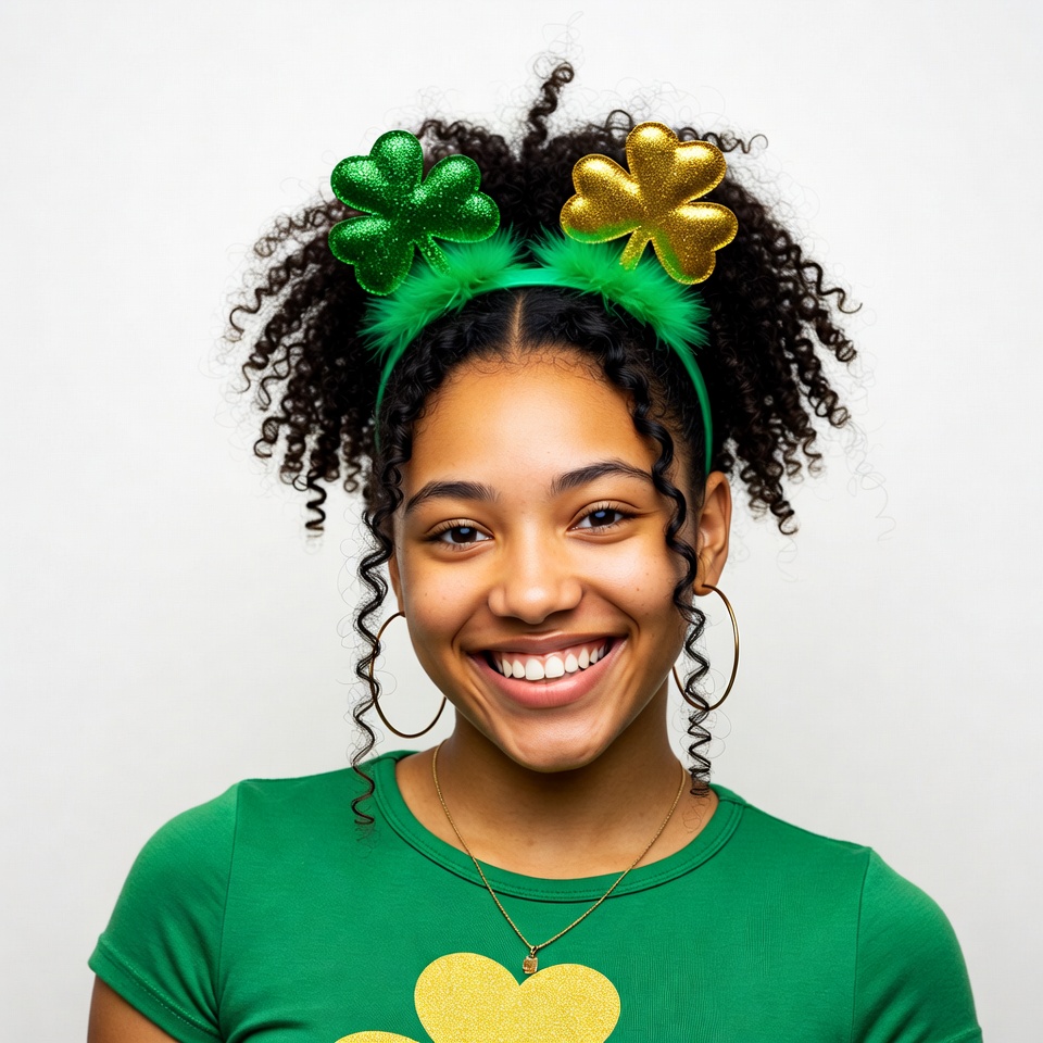 Smiling Black woman in shamrock headband Smiling Black woman in shamrock headband