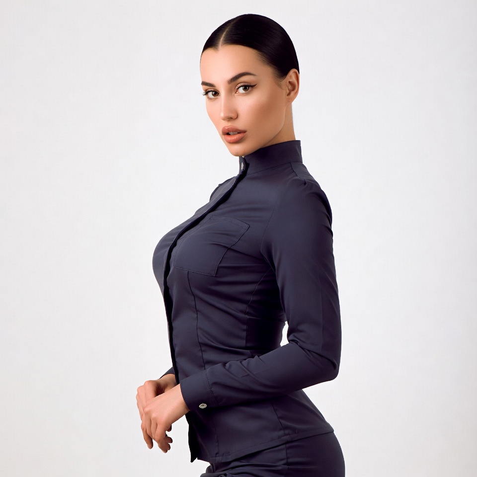 Woman in tight navy blouse Woman in tight navy blouse