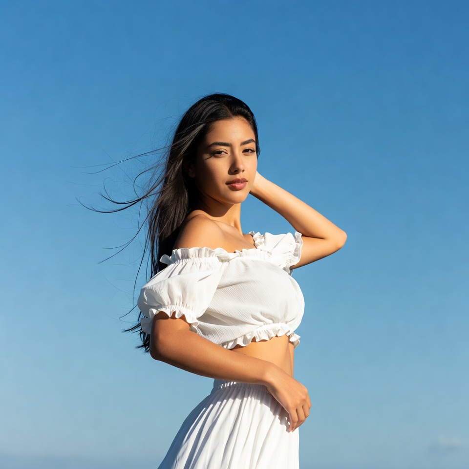 Asian woman in white off-shoulder dress Asian woman in white off-shoulder dress