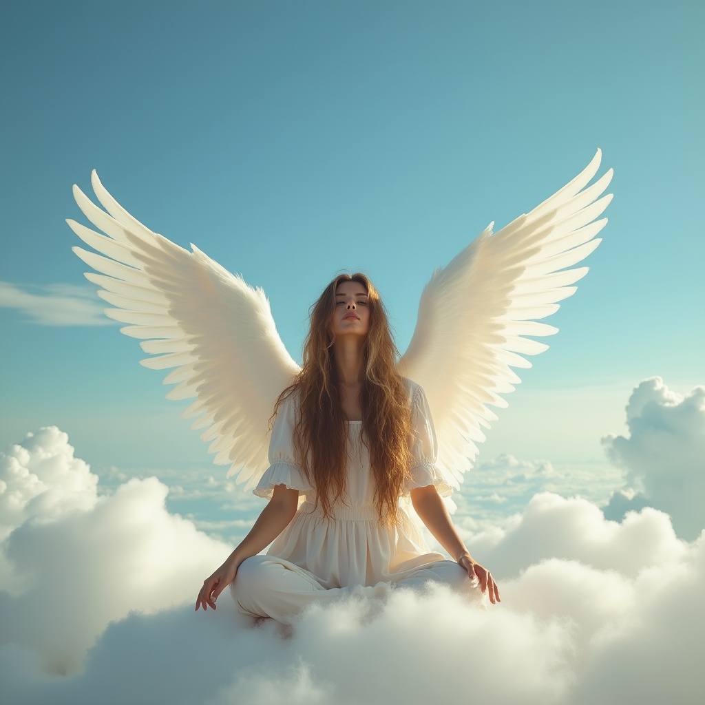 Woman with white angel wings meditating Woman with white angel wings meditating