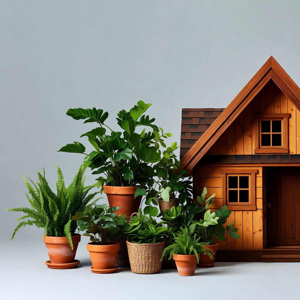 Miniature Wooden House with Potted Plants Miniature Wooden House with Potted Plants