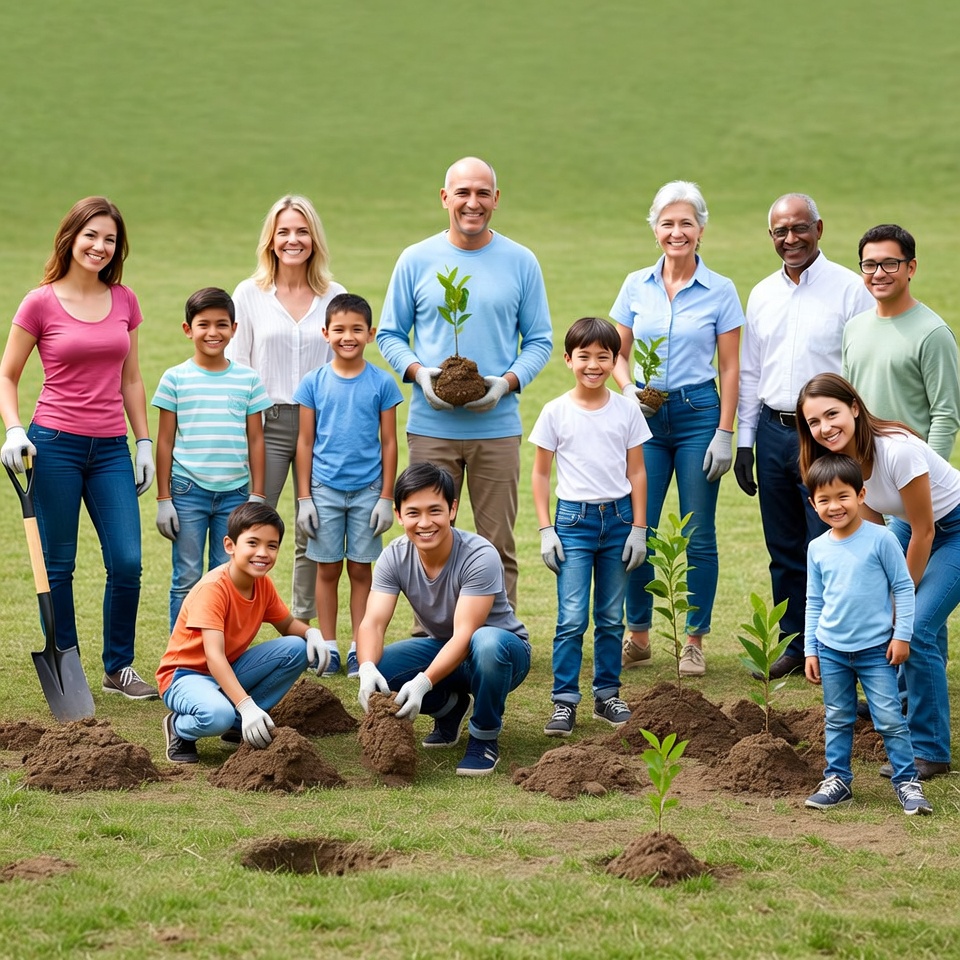 Diverse group planting trees outdoors Diverse group planting trees outdoors