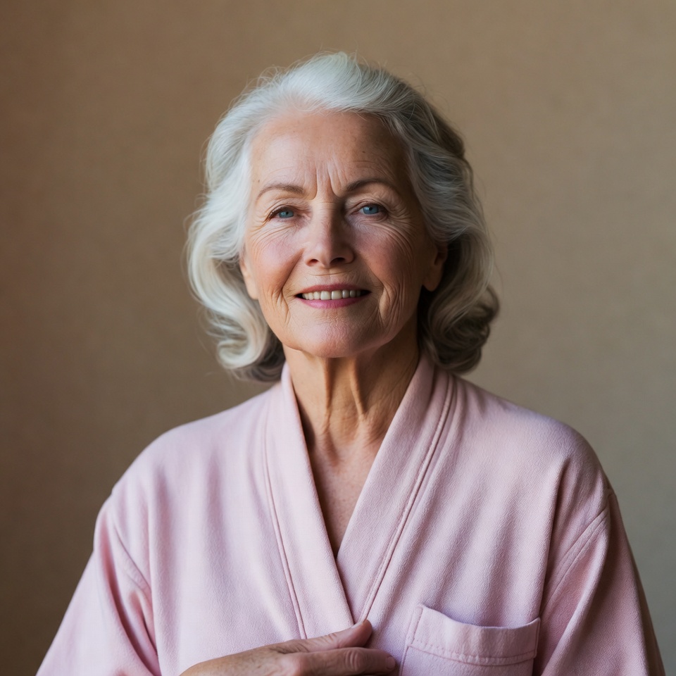 Elderly woman smiling in pink robe Elderly woman smiling in pink robe