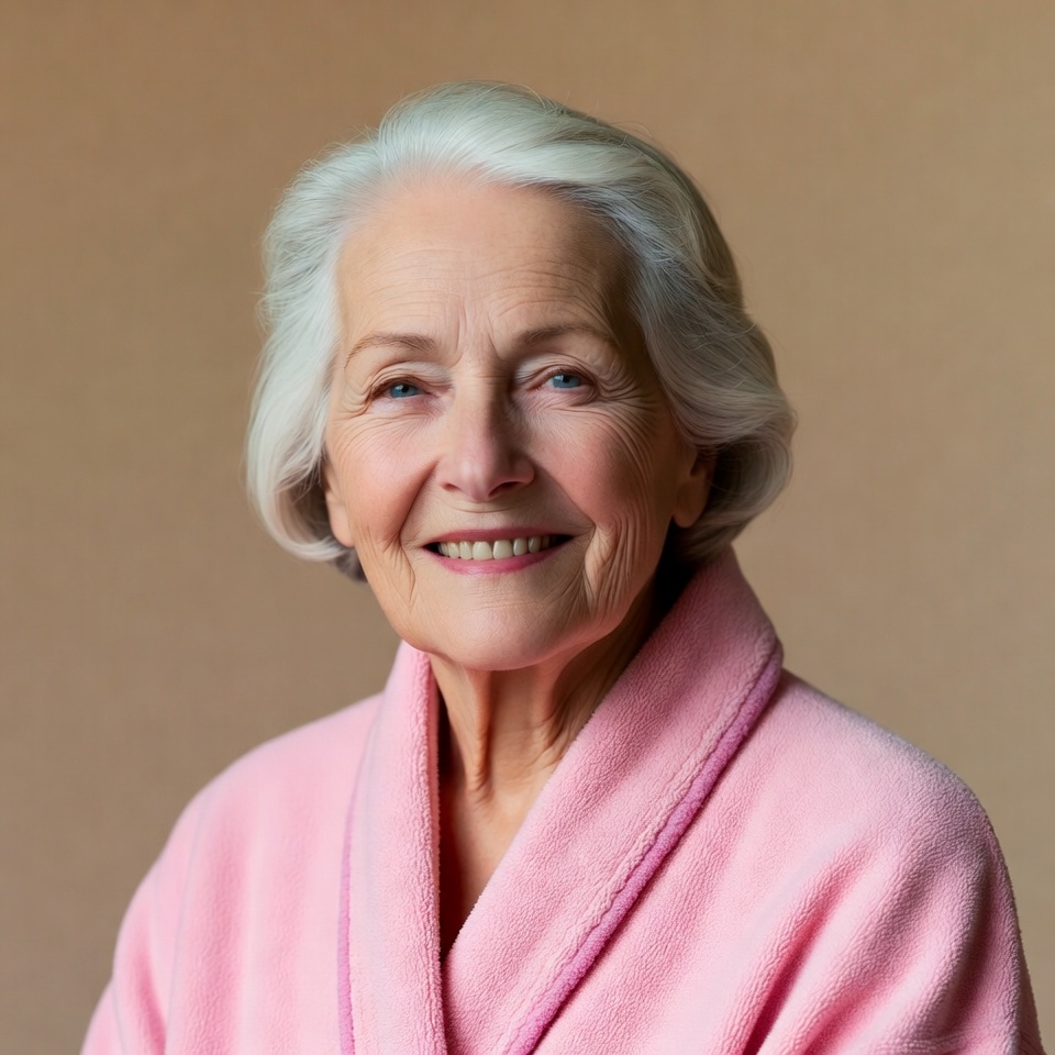 Elderly woman smiling in pink robe Elderly woman smiling in pink robe