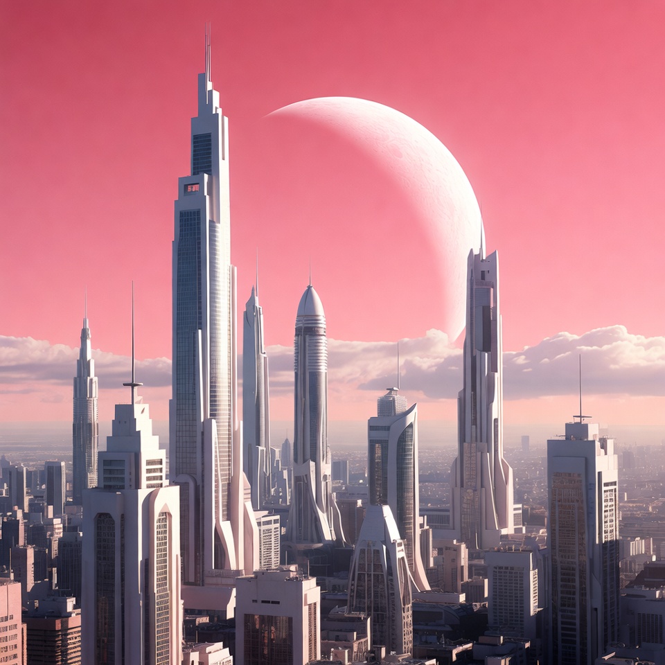Futuristic Cityscape with Crescent Moon Futuristic Cityscape with Crescent Moon