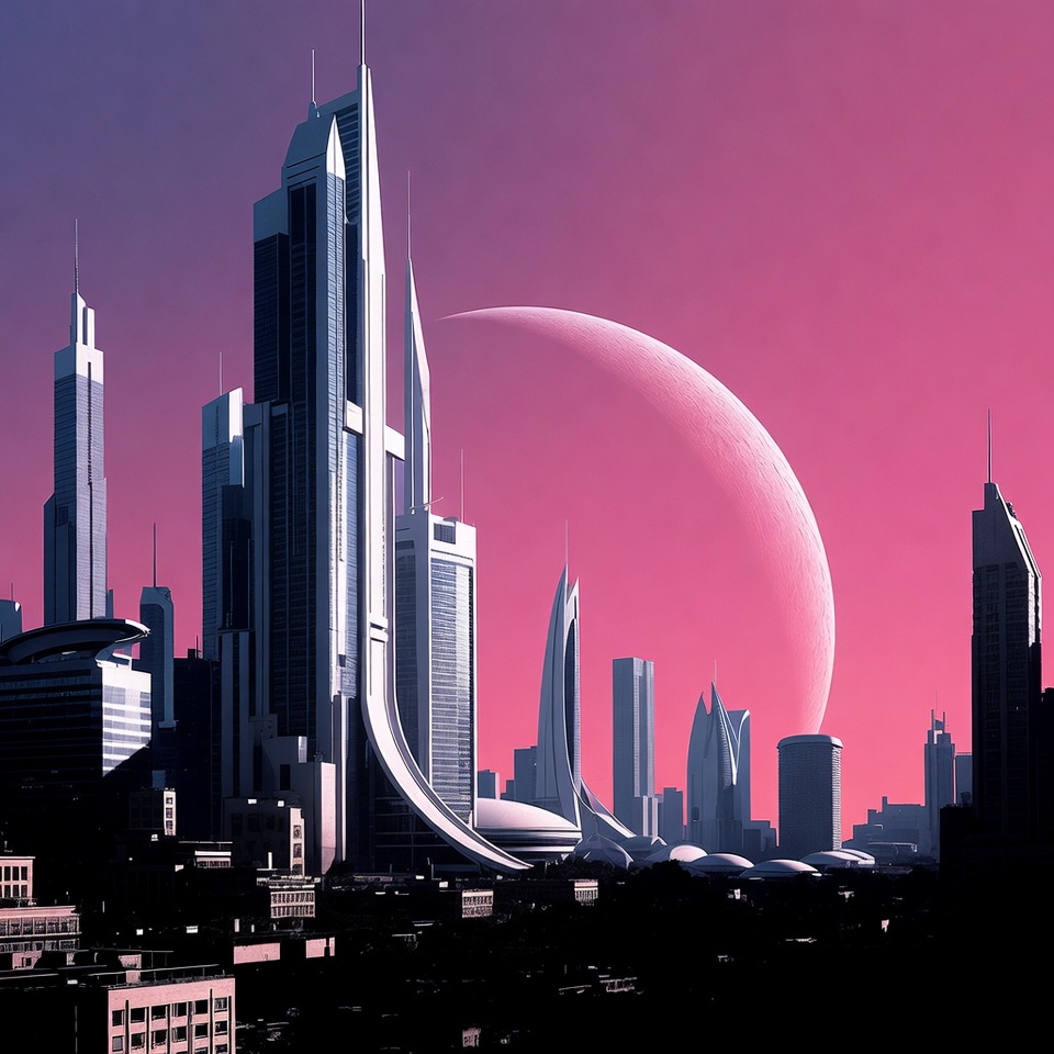 Futuristic Cityscape with Pink Moon Futuristic Cityscape with Pink Moon