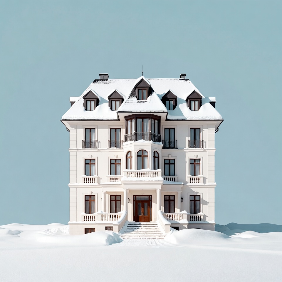 Snow-Covered Mansion on Snowy Plain Snow-Covered Mansion on Snowy Plain