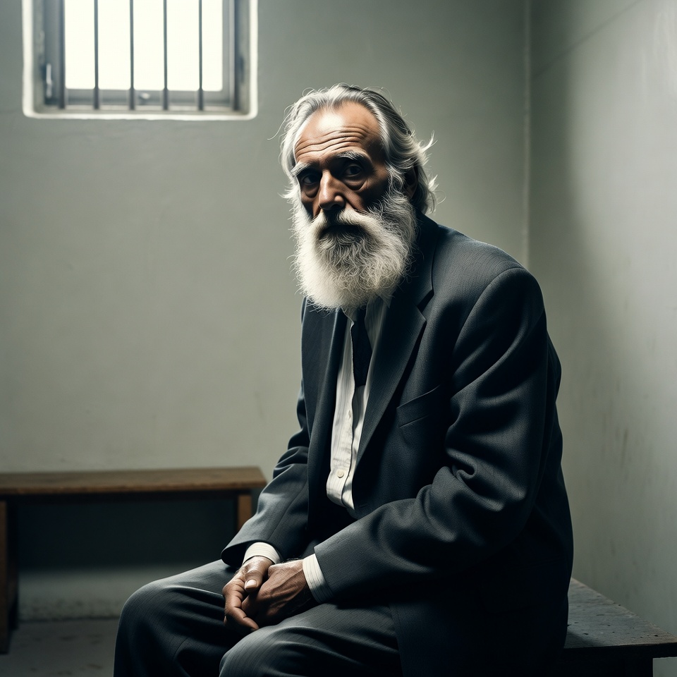 Elderly man in prison cell Elderly man in prison cell