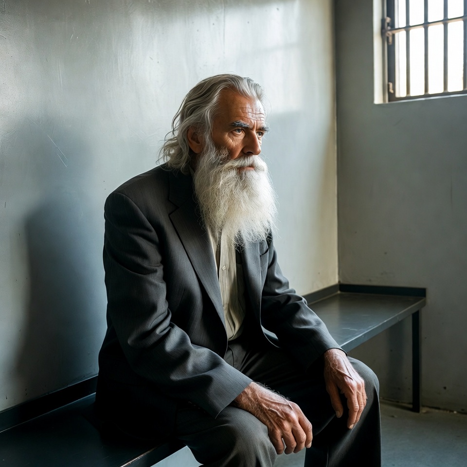 Elderly man with long beard in prison cell Elderly man with long beard in prison cell